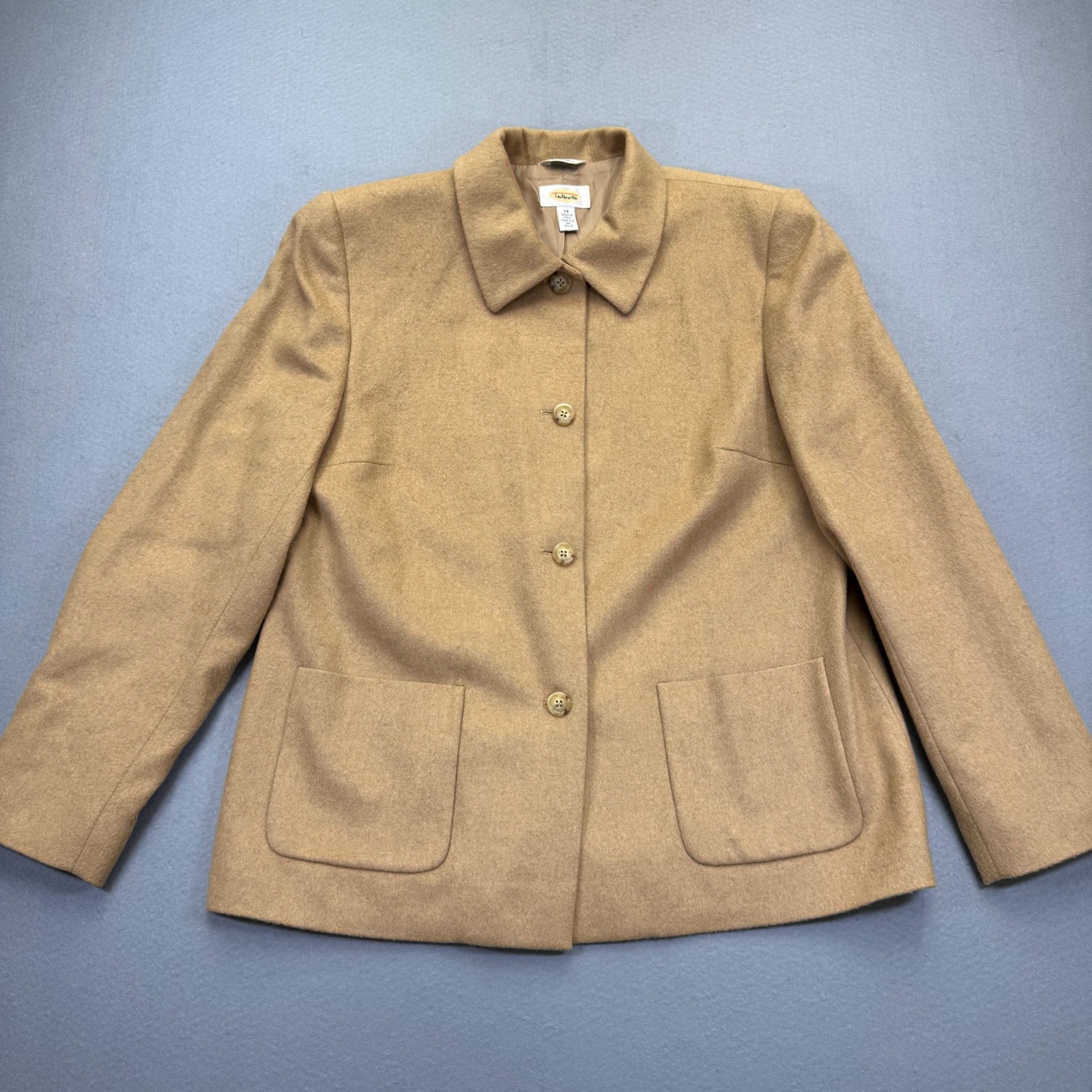 Talbots Womens 14 Camel Hair Jacket Coat Made In Italy Tan Button Front Blazer